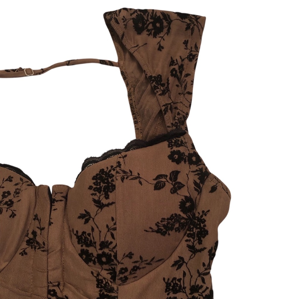Y2K Chocolate Brown Corset Bustier Top with Black Floral Embroidery Size M - Picture 6 of 7